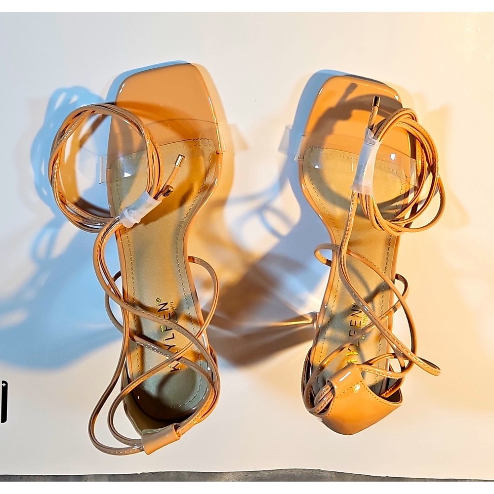 Kayleen Nude Synthetic Strappy Ankle Strap Lace Up Block Heel Sandals 9